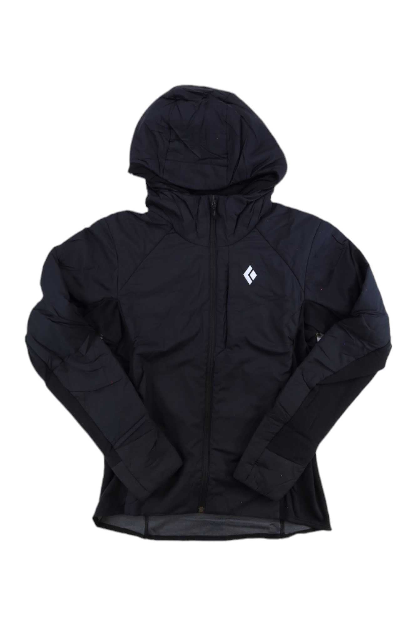 The Black Diamond Women's First Light Hybrid Hoody is a black jacket with PrimaLoft insulation, a front zipper, and a small white chest logo, shown on a plain white background.