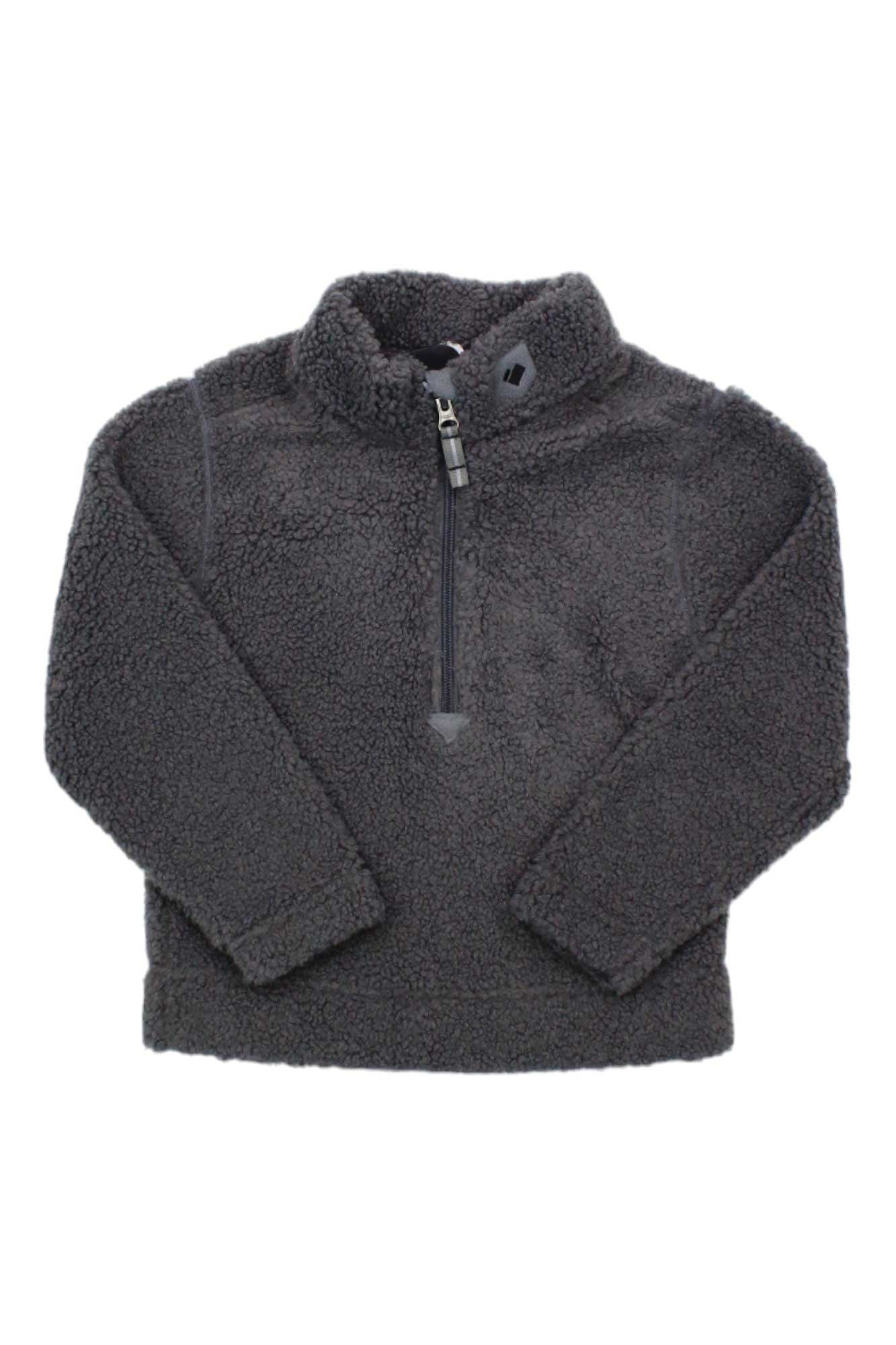 The Obermeyer Kids Superior Gear Zip Top, a dark gray long-sleeve sherpa fleece with a high collar and partial front zipper, ideal for outdoor layering, is shown against a plain white background.