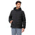 Men's black puffer jacket with hood, full-zip front, and side pockets
