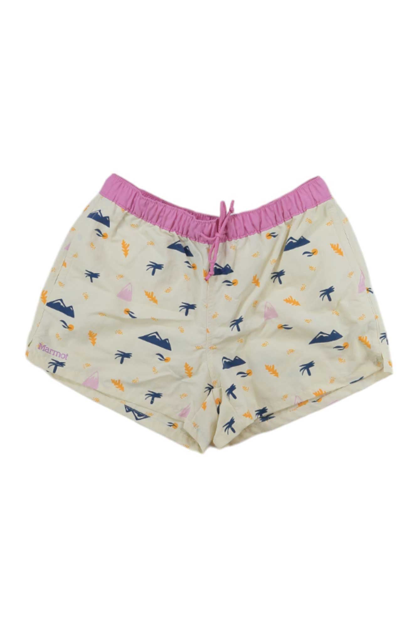 The Womens Juniper Springs 3 Short features recycled nylon, UPF 50 sun protection, a pink elastic waistband with drawstring, and a playful mountain, tree, and leaf print in blue, orange, and pink on beige.