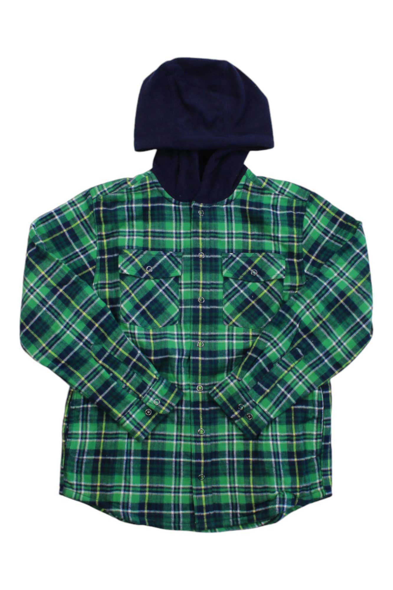 The L.L.Bean Kids Fleece Lined Flannel Plaid Hooded Shirt, made from soft Portuguese cotton flannel with green and blue checks, has two chest pockets and long sleeves. Shown laid flat on a white background.