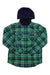 The L.L.Bean Kids Fleece Lined Flannel Plaid Hooded Shirt, made from soft Portuguese cotton flannel with green and blue checks, has two chest pockets and long sleeves. Shown laid flat on a white background.