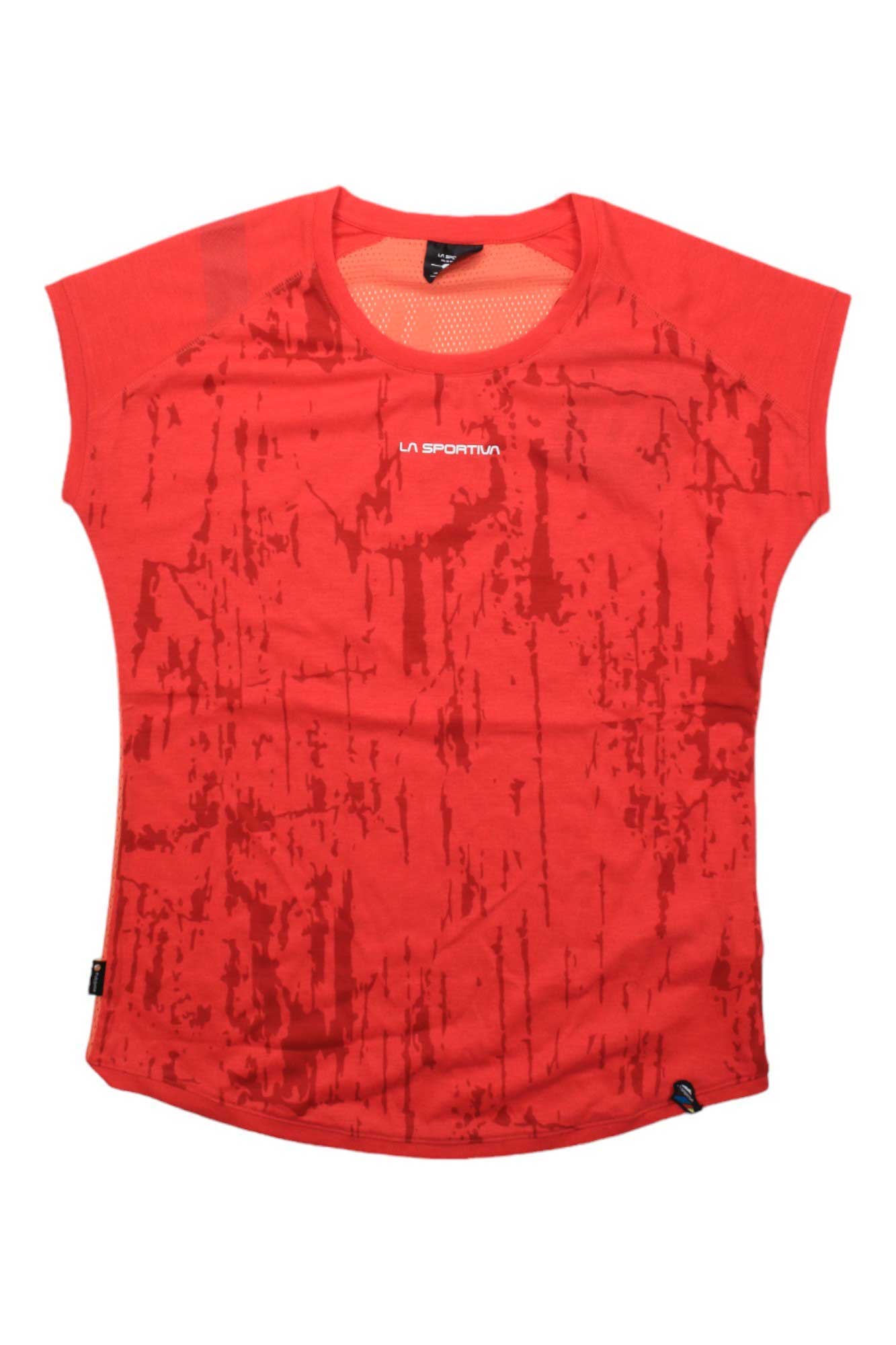 Women’s La Sportiva core tee in red with abstract black front graphic, crew neck