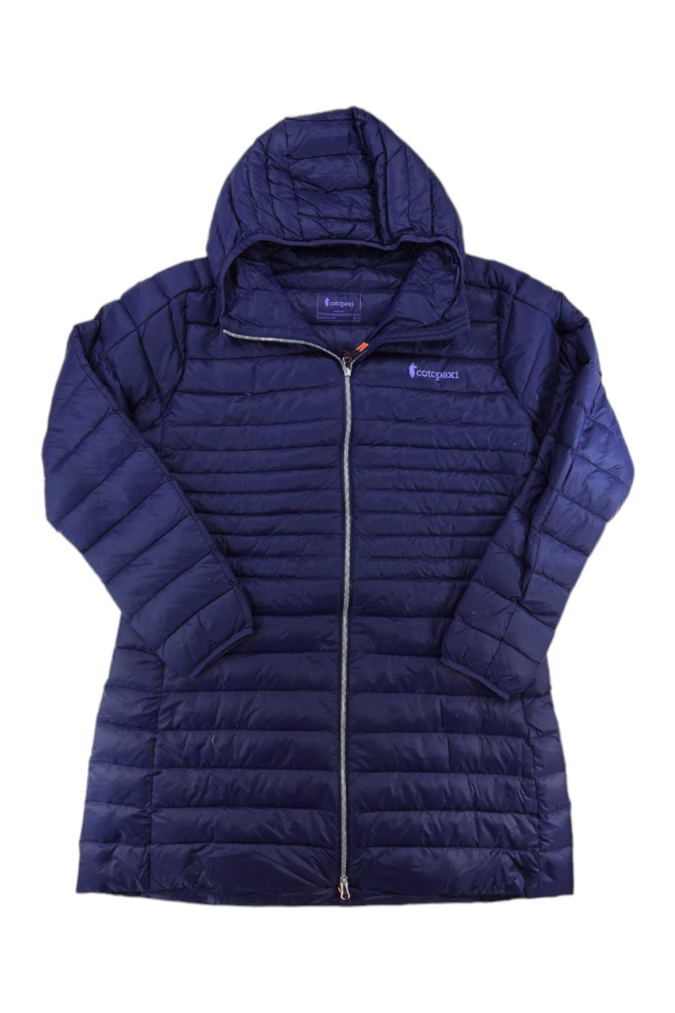 The Cotopaxi Womens Fuego Down Parka is a long-sleeved, hooded dark blue jacket with horizontal stitching, a front zipper, and a logo on the chest—ideal for staying warm outdoors on chilly days.