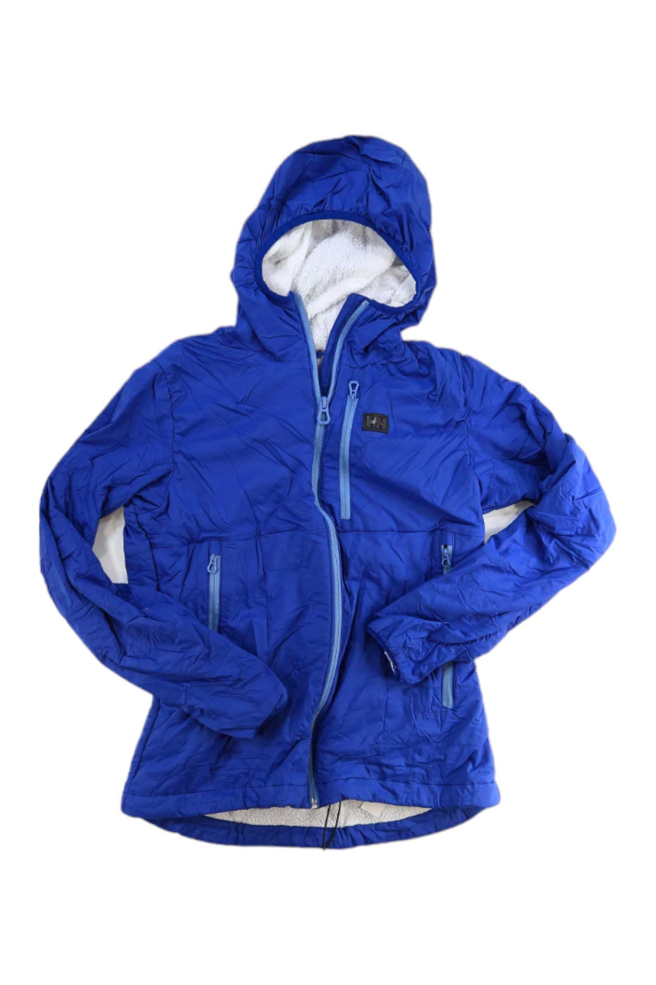 Women's blue hooded insulator jacket with full-zip, side pockets, drawcord hem
