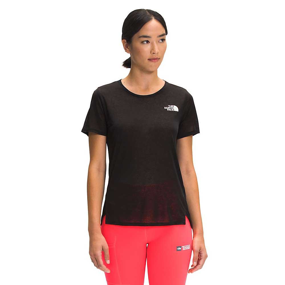 Women's dark short-sleeve T-shirt with The North Face logo on the right chest area