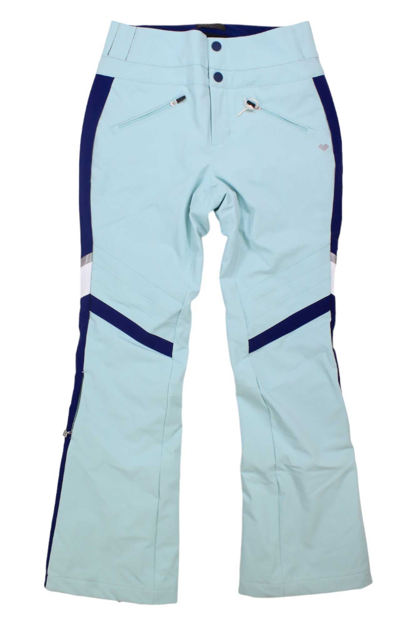 Obermeyer Womens Chateau Pant in light blue with navy and white accents, featuring zippered front pockets, flared legs, and articulated knees. Stylish and functional ski pants for cold-weather adventures, shown laid flat on a white background.