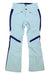 Obermeyer Womens Chateau Pant in light blue with navy and white accents, featuring zippered front pockets, flared legs, and articulated knees. Stylish and functional ski pants for cold-weather adventures, shown laid flat on a white background.