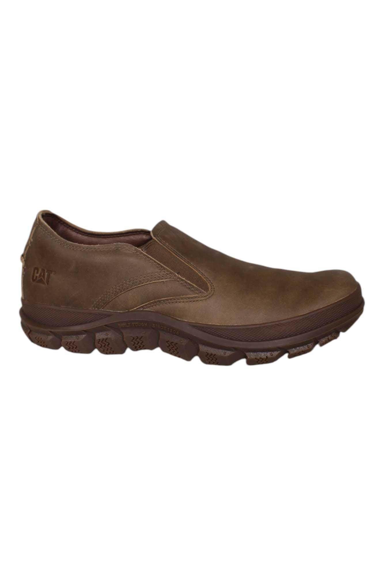 Men's slip-on shoe in dark brown with side panel stitching and CAT logo