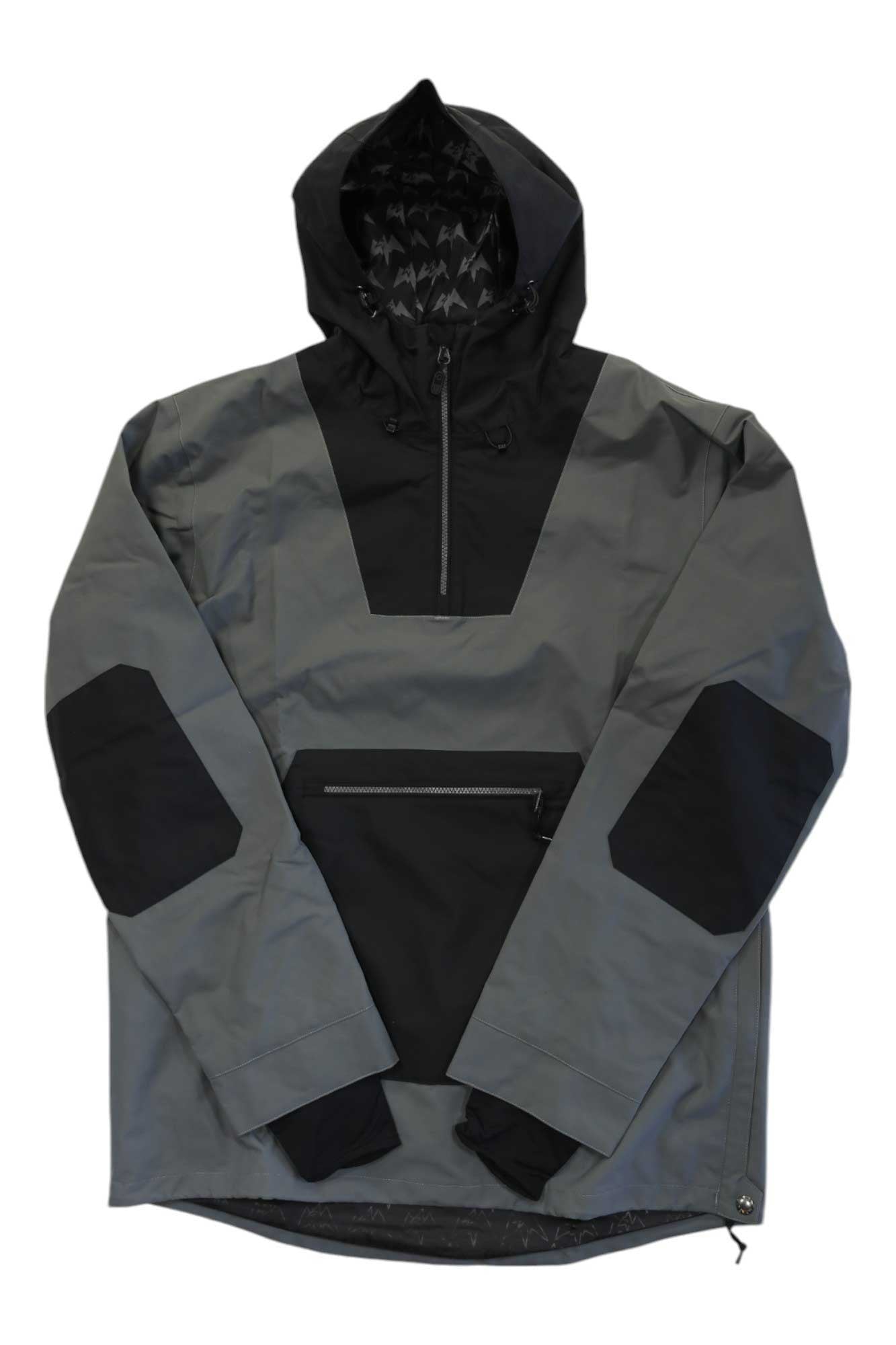 Men's hooded pullover jacket, black and charcoal with zip front and pouch pocket