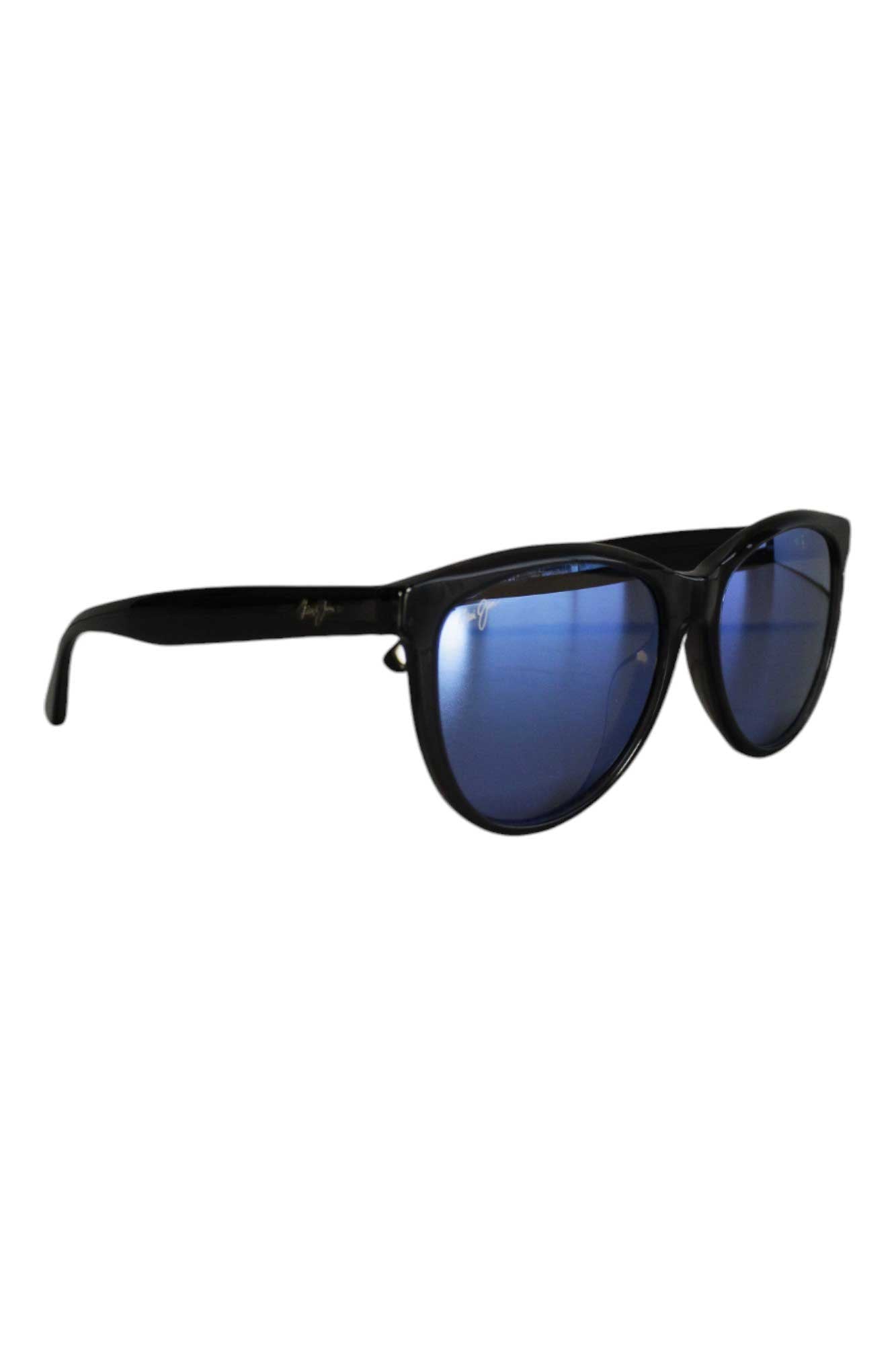 Maui Jim Glory Glory Polarized Sunglasses with black cat eye frames and blue mirrored, scratch-resistant lenses shown at an angle on a white background.