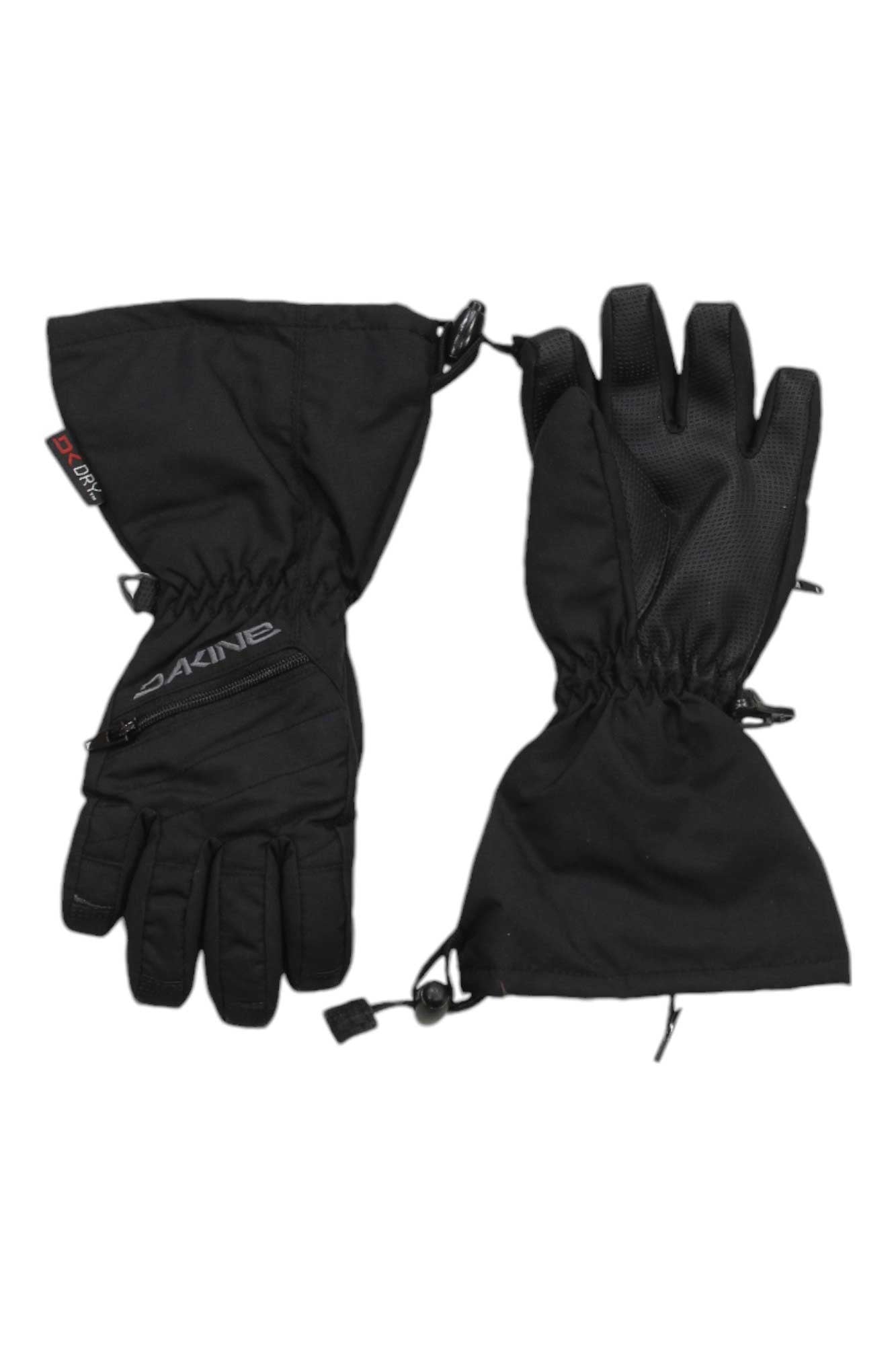 The Dakine Youth Tracker Glove is a black, waterproof winter glove with extended cuffs, adjustable wrist straps, a zippered pocket on one glove, textured palm on the other, DAKINE branding, and touchscreen compatibility for convenience.