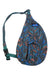 The KAVU Mini Rope Sack is a compact sling pack with a blue, black, and rust abstract pattern, front zip pocket, fabric buckle strap, and KAVU label—ideal for travel or everyday style.