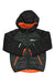 The Jack Wolfskin Kids' Zenon Jacket is a black winter coat with an orange lining, hood, and front zipper. This lightweight insulated jacket has two zippered pockets and displays the Jack Wolfskin logo on the front.