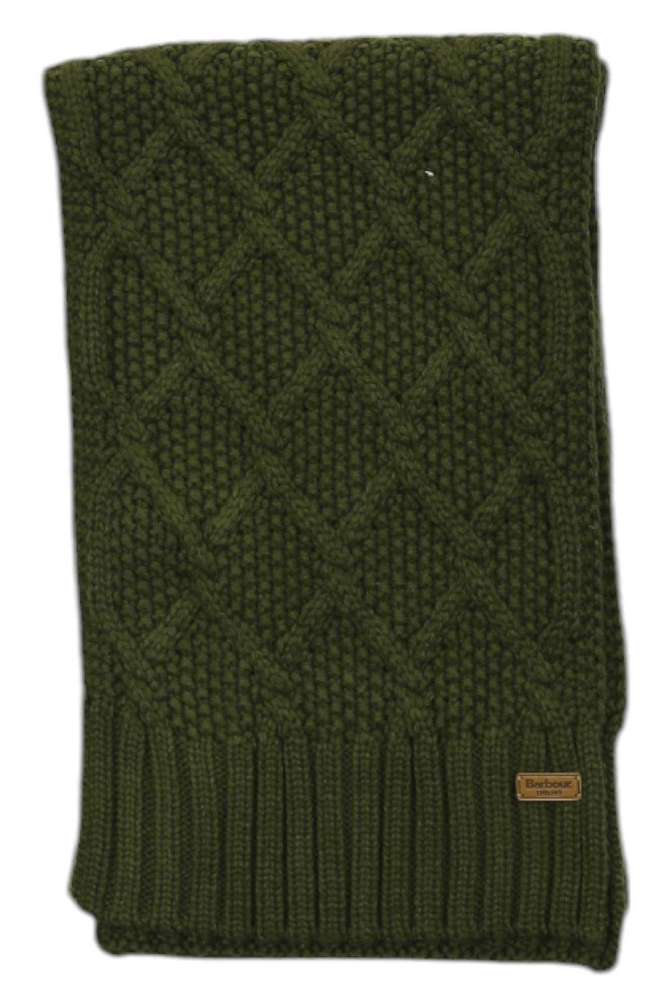 Olive green knit scarf with woven pattern and ribbed hem, small brand label on corner