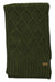 Olive green knit scarf with woven pattern and ribbed hem, small brand label on corner