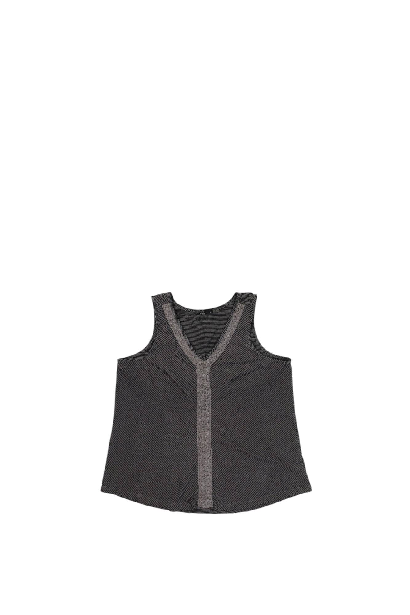 The Prana Womens Alecia Tank Top is a sleeveless black V-neck mesh top with a gray vertical stripe down the center, shown laid flat on a white background—ideal for versatile everyday wear.