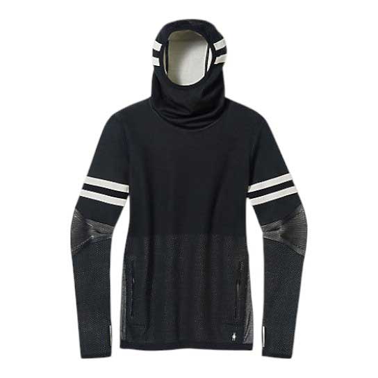 The Smartwool Womens Intraknit Merino Tech Pullover Hoodie is a black pullover with white sleeve and hood stripes, textured fabric ideal for hiking, and zippered waist pockets for secure storage.
