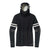 The Smartwool Womens Intraknit Merino Tech Pullover Hoodie is a black pullover with white sleeve and hood stripes, textured fabric ideal for hiking, and zippered waist pockets for secure storage.