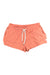Vuori Women's Halo Performance Shorts in coral pink feature an elastic waistband, white drawstring, and side pockets. Made from moisture-wicking recycled materials, the shorts are shown laid flat on a white background.