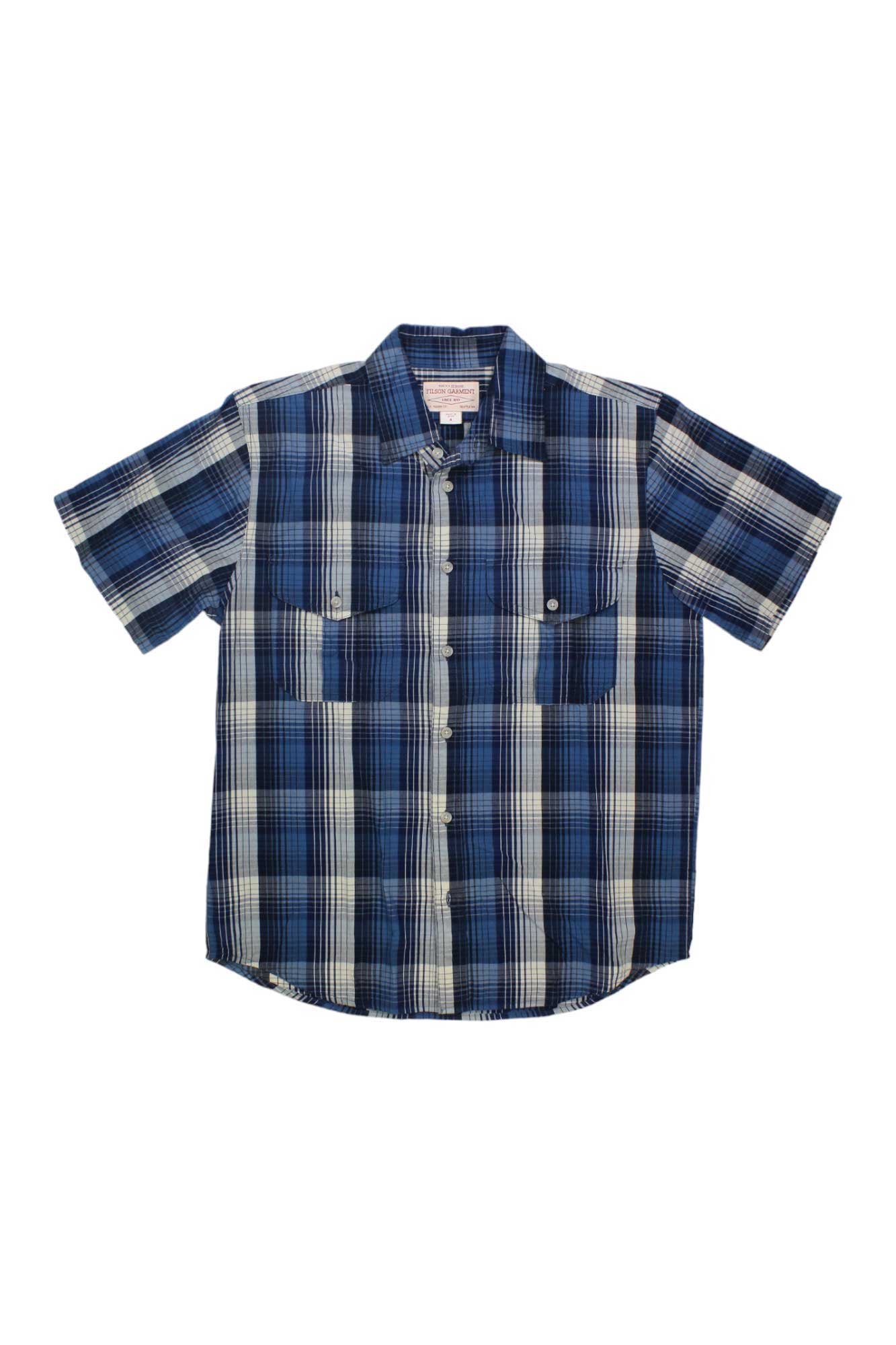 The Filson Mens Washed SS Feather Cloth Shirt is a short-sleeved, blue, white, and black plaid cotton shirt with two chest pockets—lightweight and designed for outdoor comfort all day.