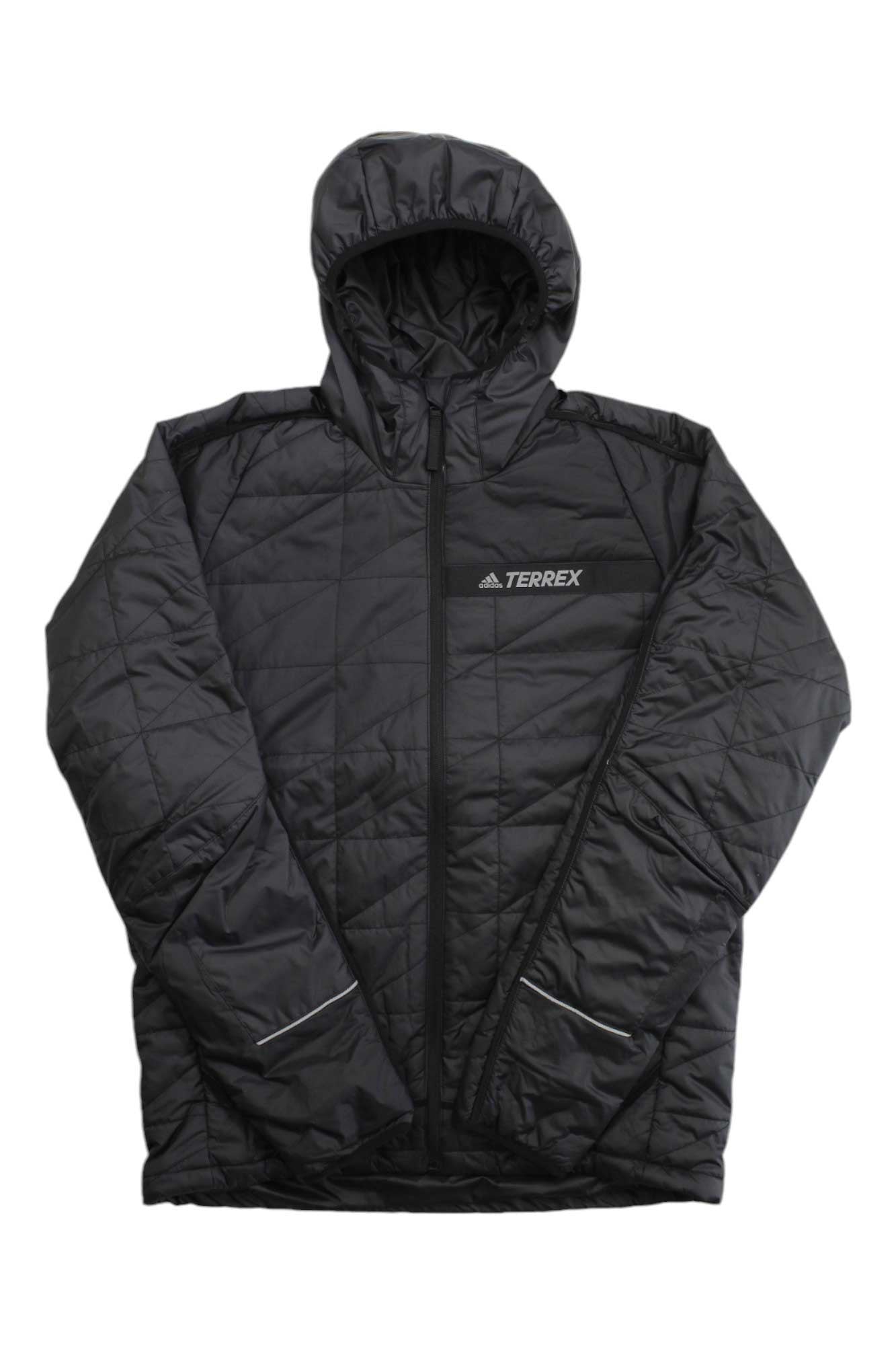 Adidas Terrex men's black insulated hooded puffer jacket, full zipper and chest logo.