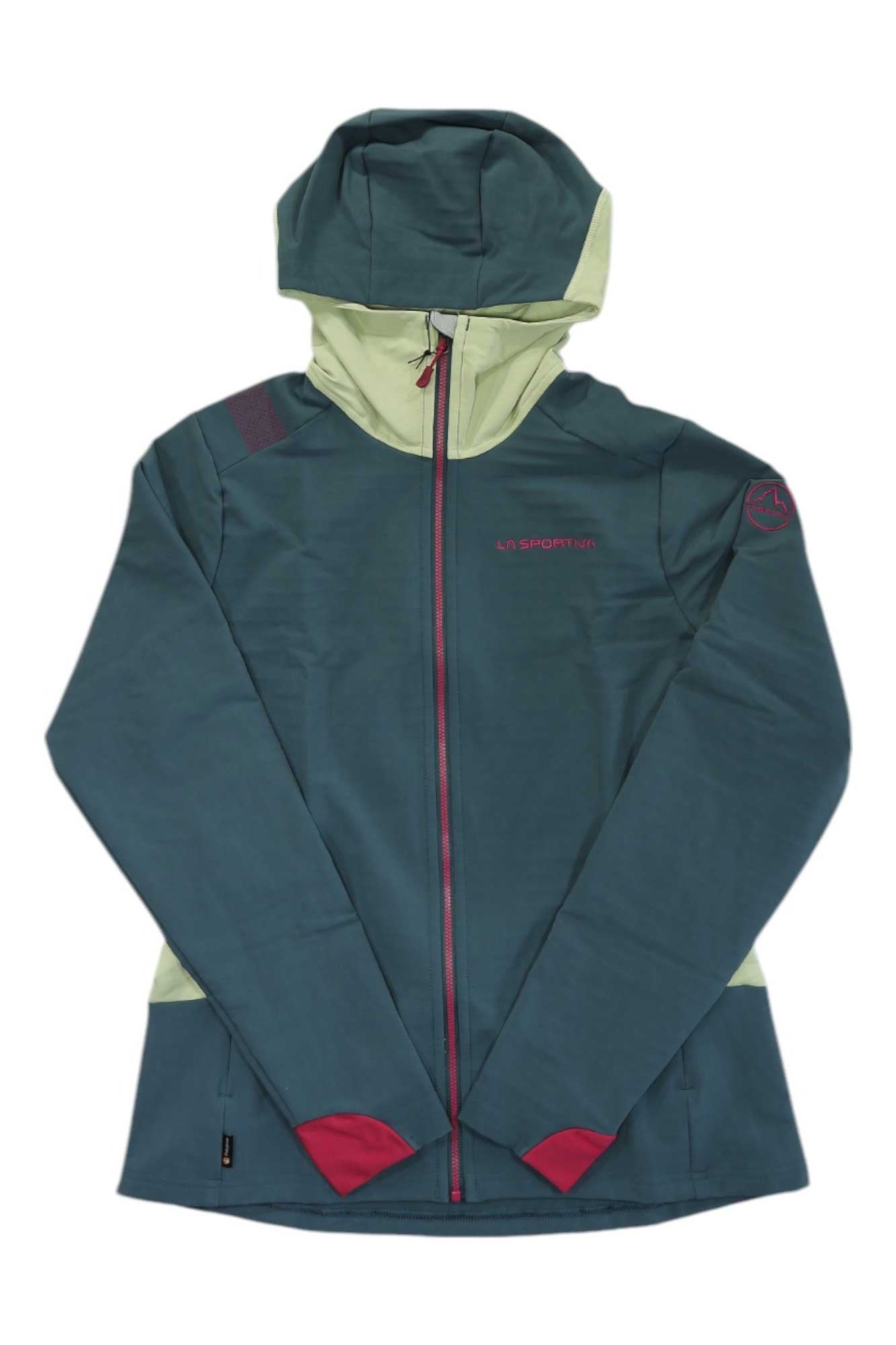 The La Sportiva Womens Descender Storm Jacket is teal and light green with red accents on the zipper and sleeve cuffs, long sleeves, a front zipper, breathable waterproof fabric, and logos on the left chest and shoulder.
