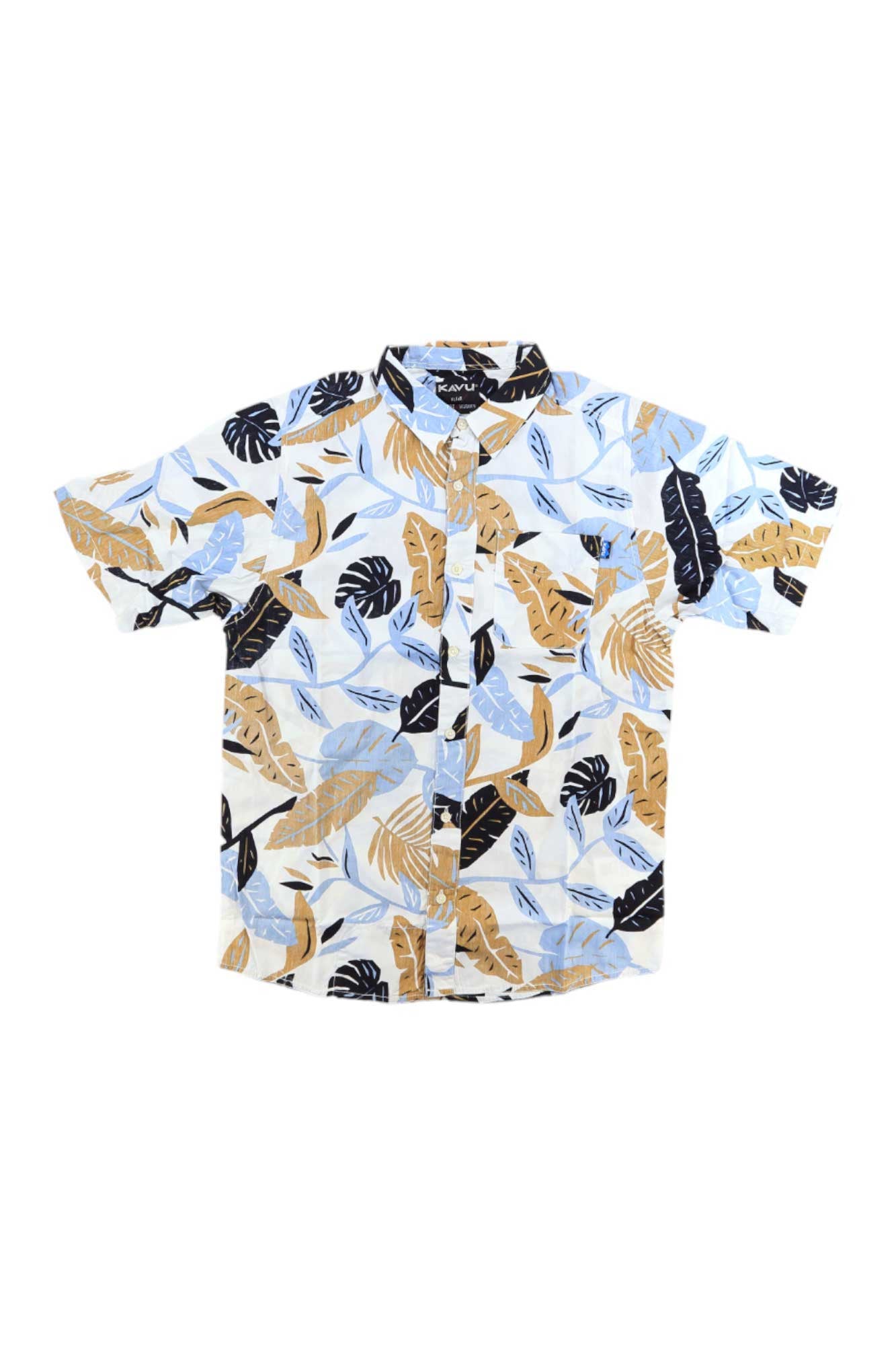 The KAVU Mens Topspot Shirt is a short sleeve button-up men's casual shirt featuring a blue, brown, and beige leaf pattern on a white background, displayed flat on a white surface.
