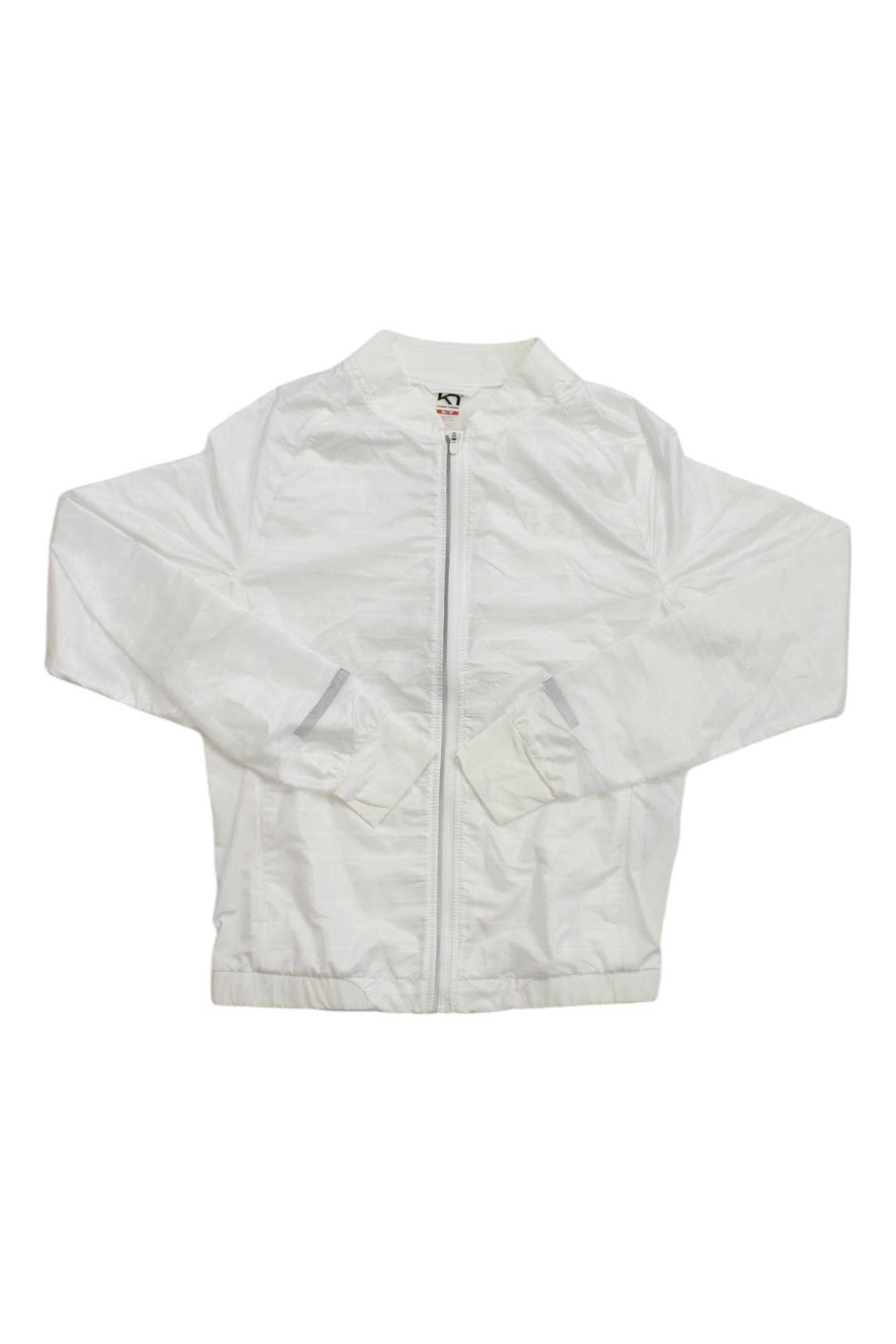 The Kari Traa Women's Sigrun Jacket is a plain white, lightweight fitness jacket with long sleeves, side pockets, and a collar, shown laid flat on a white background.