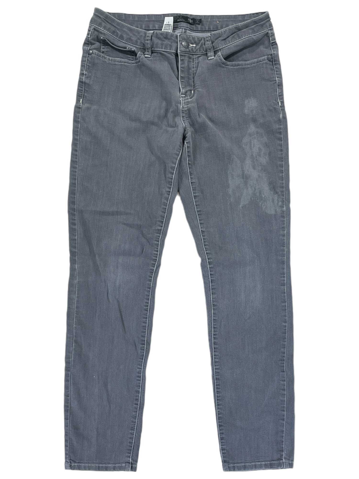 Womens Kayla Jeans Short Sizes—comfortable gray denim jeans for women, five-pocket style with a subtle faded patch on the right thigh, shown laid flat on a white background.