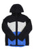 The Spyder Womens Paradise Jacket is a color-blocked, hooded ski jacket with long sleeves—black on top and sleeves, white midsection, and blue lower section—shown against a white background.