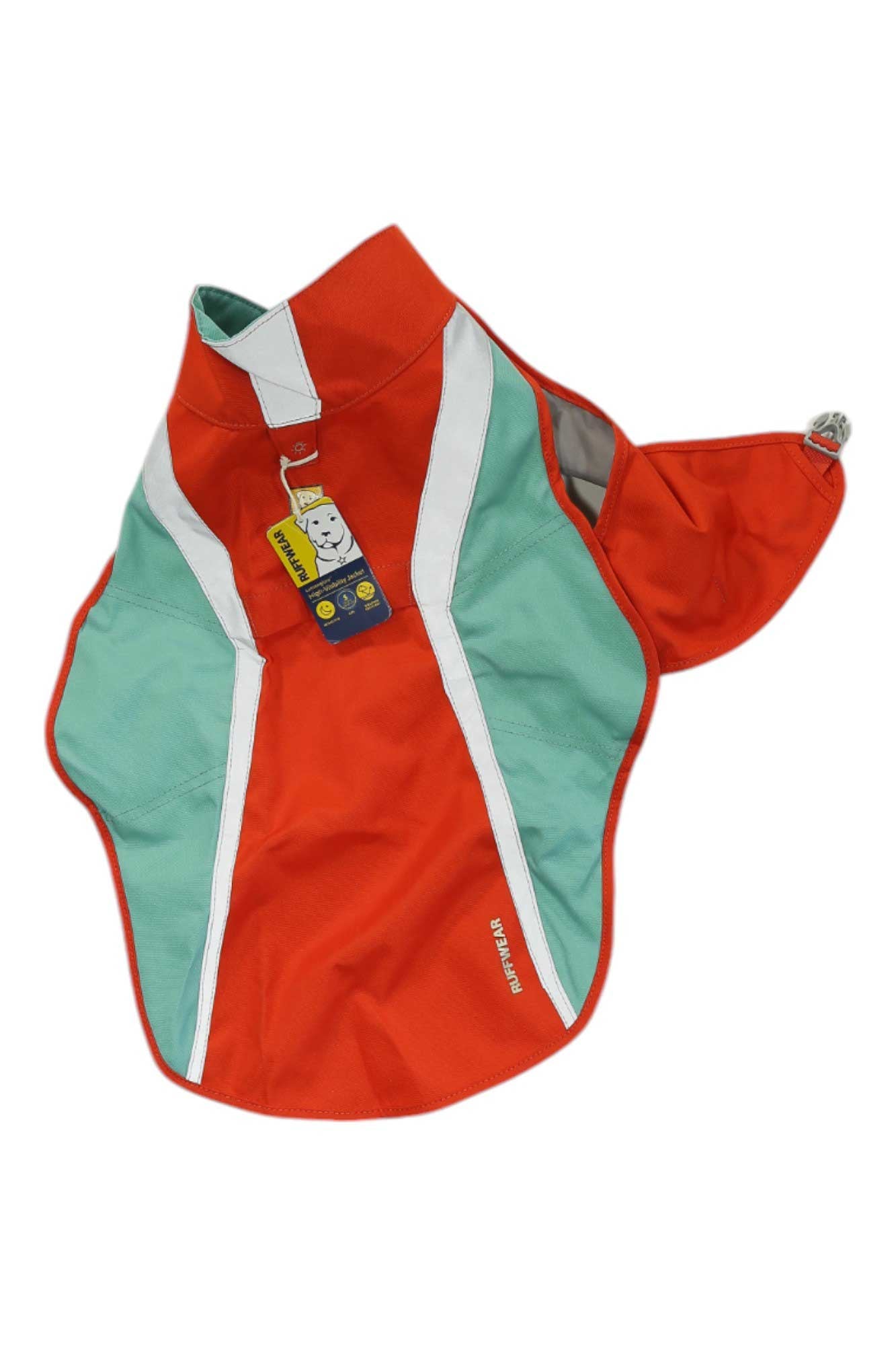 The Ruffwear Lumenglow High-Vis Jacket is a bright orange and teal water-resistant dog vest with white stripes, a collar, and an attached tag, shown laid flat to highlight its reflective design.