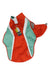 The Ruffwear Lumenglow High-Vis Jacket is a bright orange and teal water-resistant dog vest with white stripes, a collar, and an attached tag, shown laid flat to highlight its reflective design.
