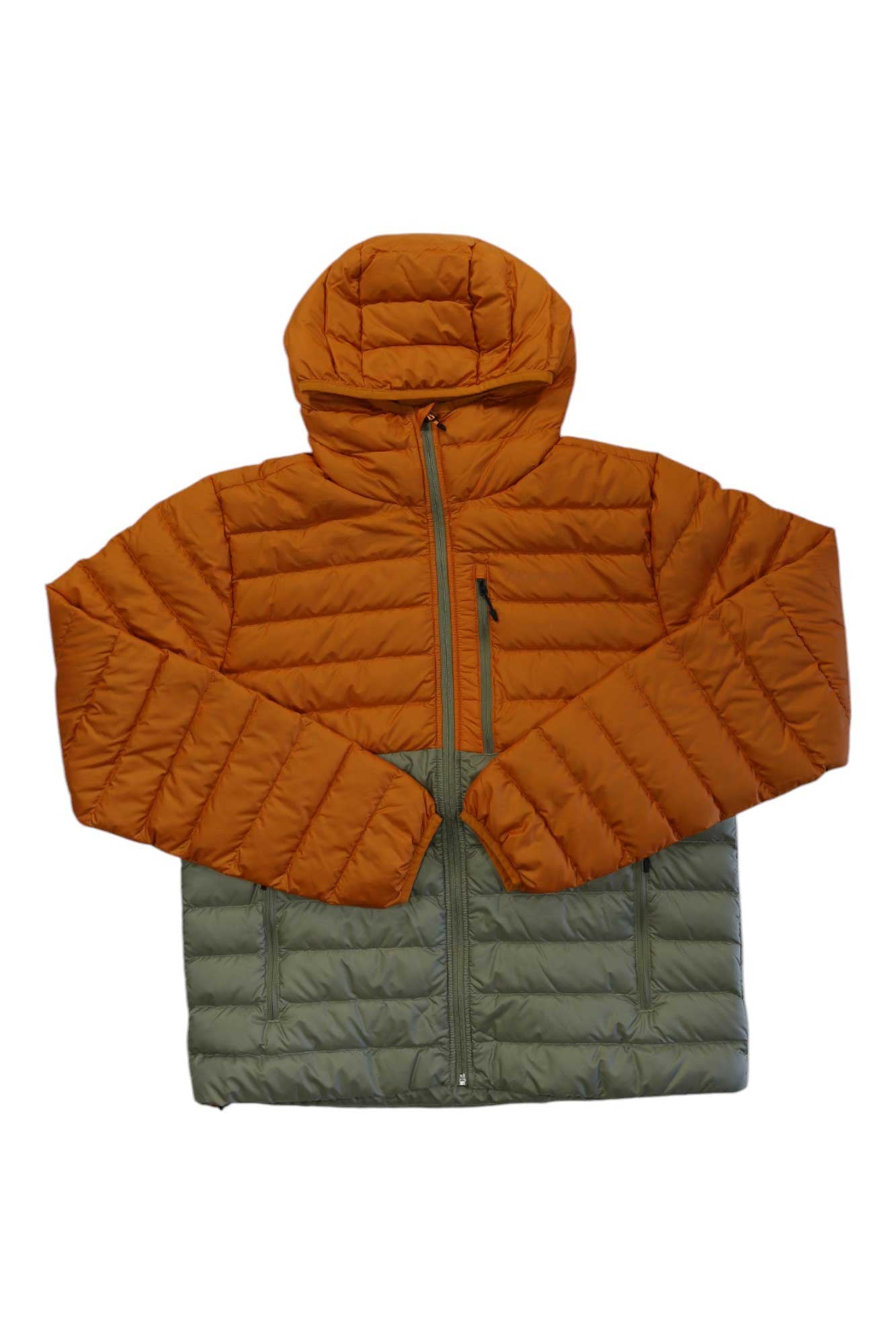 The Mens Highlander Hoody is a men's down jacket with 700 fill, featuring a hooded puffer design in orange on top and light olive-green below, shown laid flat with crossed sleeves.