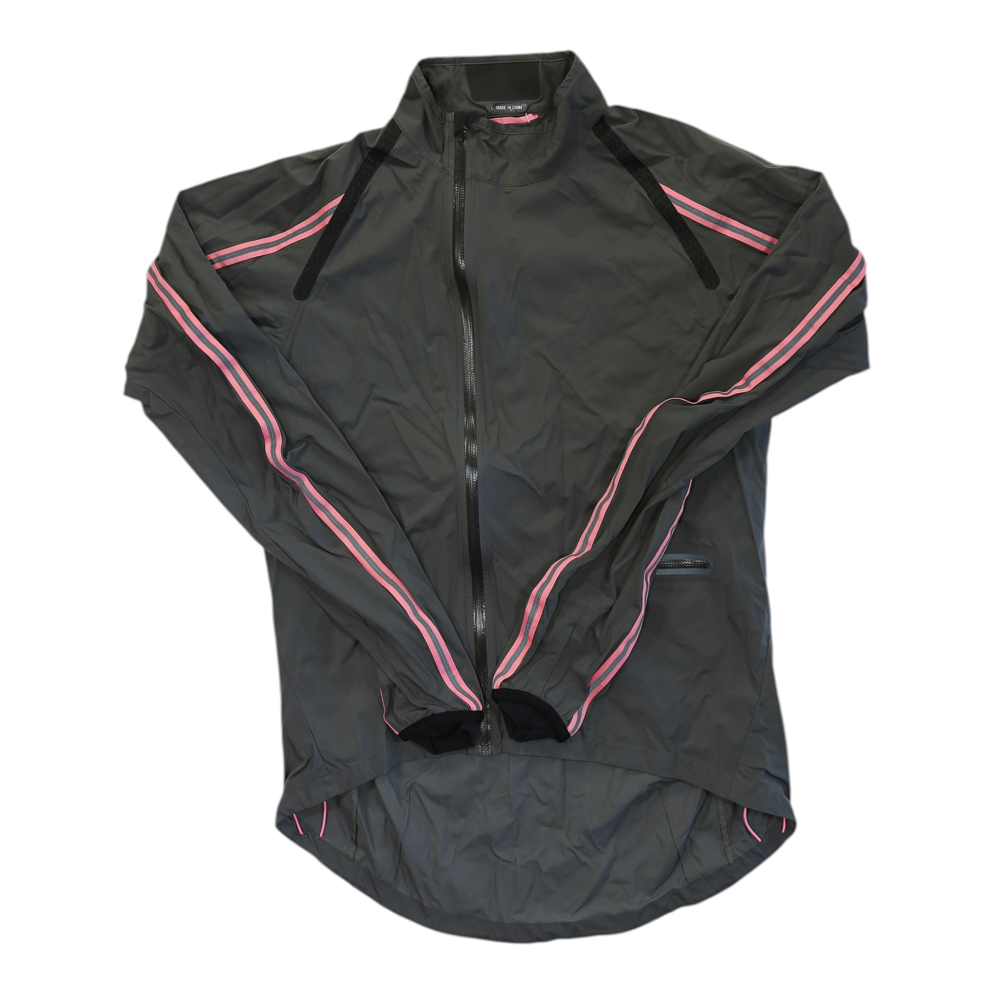 Men's dark gray wind jacket with pink-and-white piping and full-zip front
