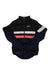 A Rapha Mens Brevet Insulated Jacket in navy blue, featuring white and pink horizontal chest stripes and a white stripe on the right sleeve, is laid flat against a white background.
