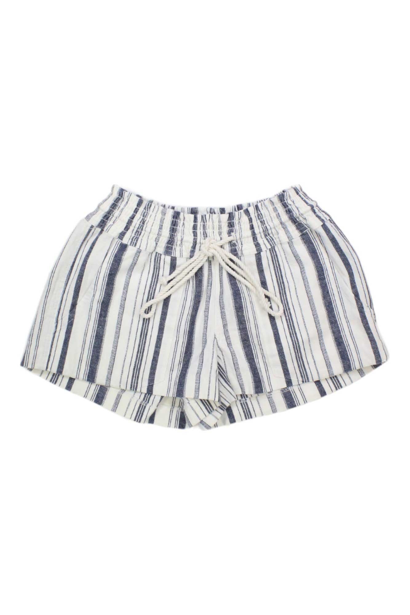 Roxy striped drawstring shorts with lace-up front and elastic waistband, navy and cream