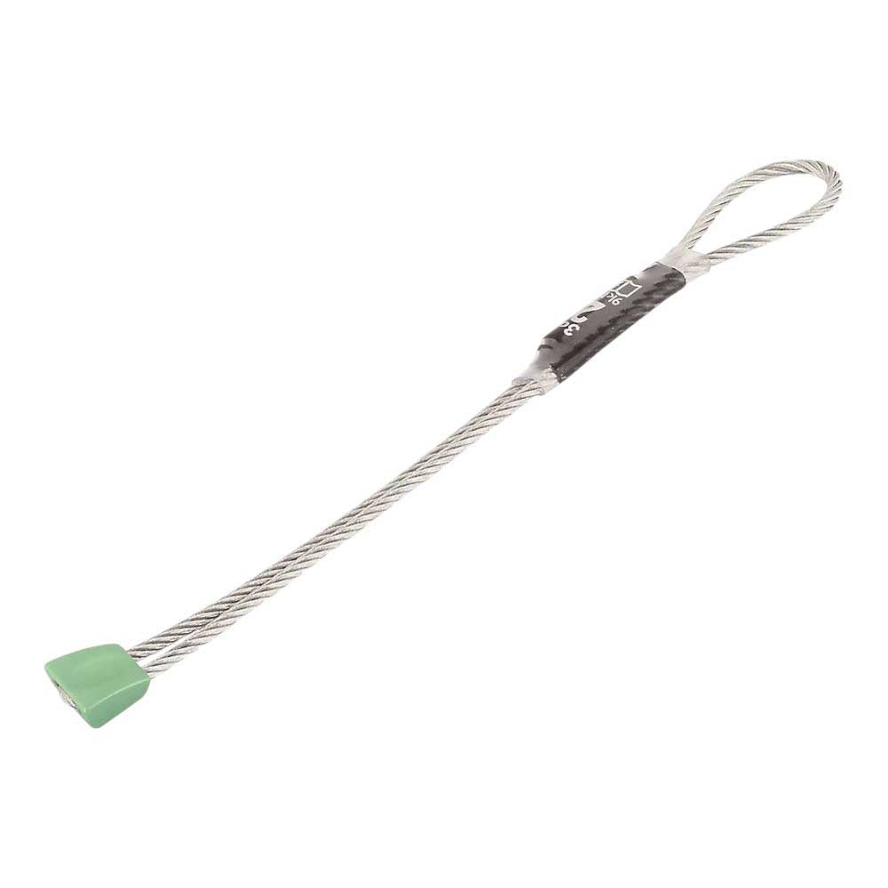 The DMM Wallnut features a green head, looped steel wire, and black tape near the loop, providing stable placements as essential climbing gear.