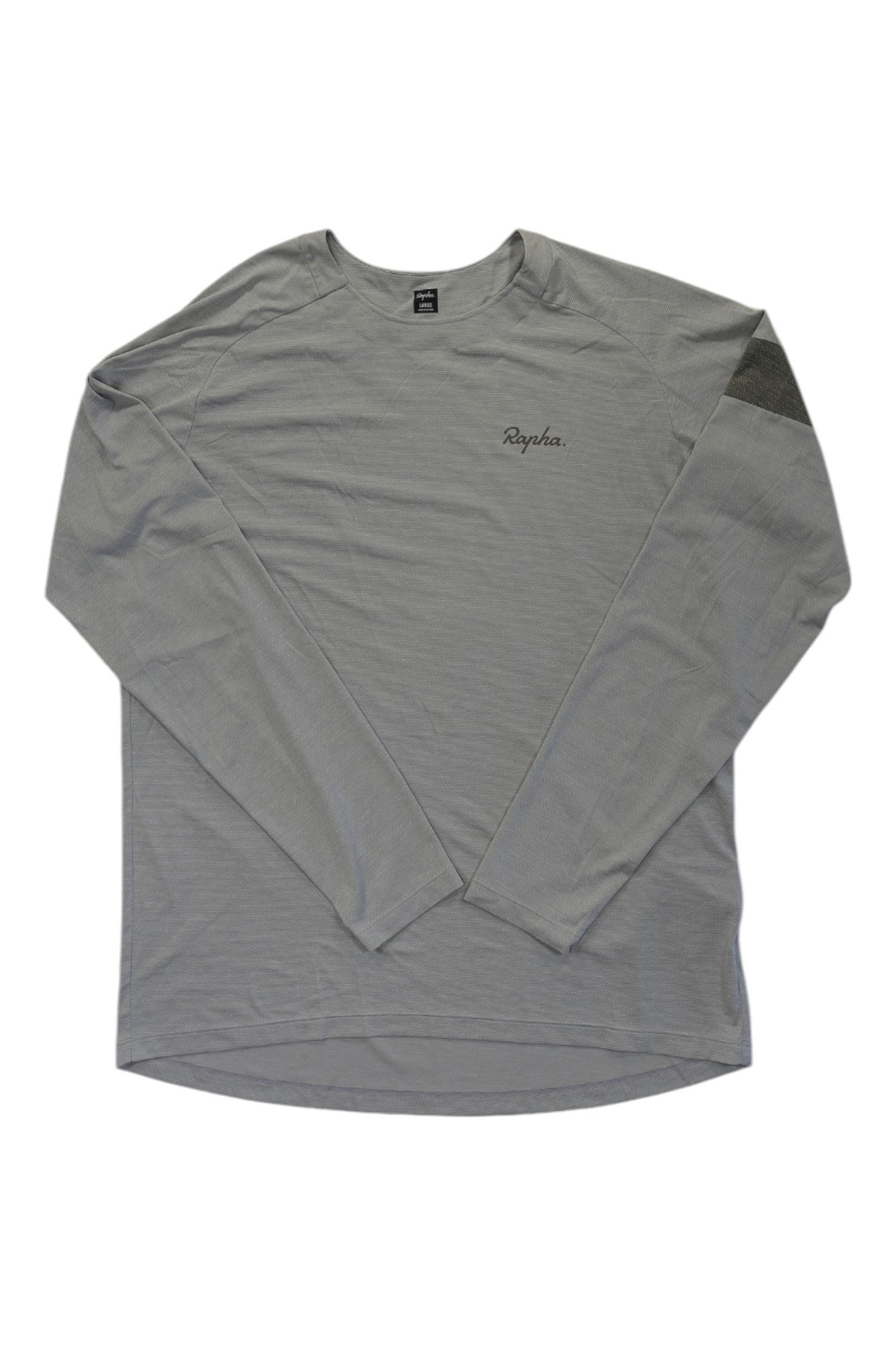 The Rapha Men's Trail Technical T-Shirt in light gray, featuring a sweat-wicking fabric, 'Rapha' chest embroidery, and a dark gray sleeve patch, is laid flat on a white background.