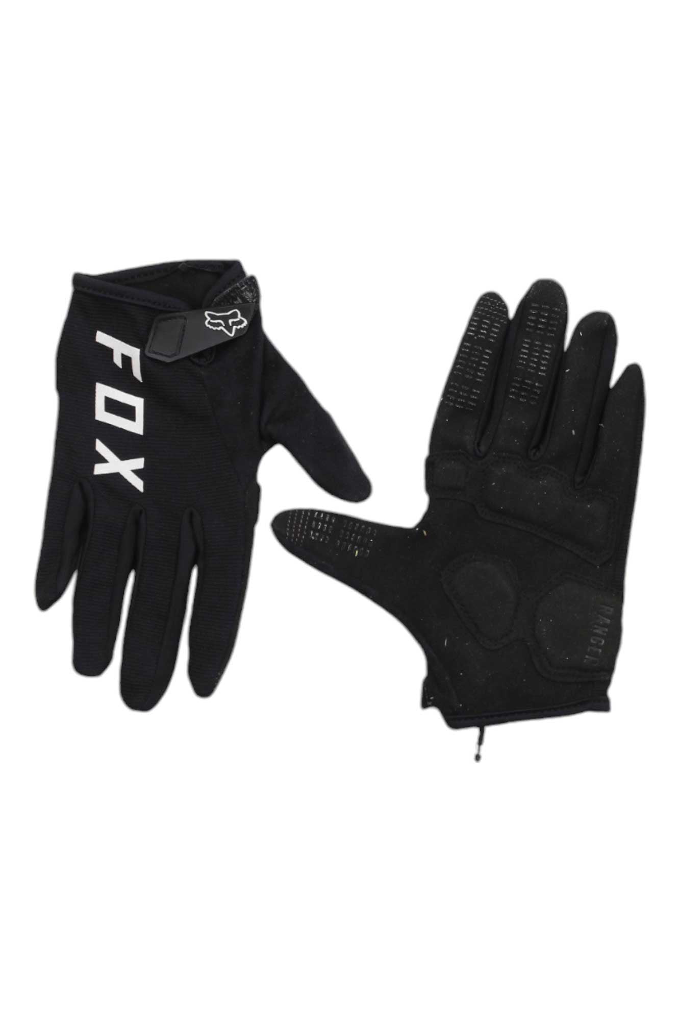 A pair of Fox Womens Ranger Gel Gloves in black—one shows the palm with textured grip, gel padding, and touchscreen compatibility; the other displays the back with white FOX lettering and a logo near the wrist.