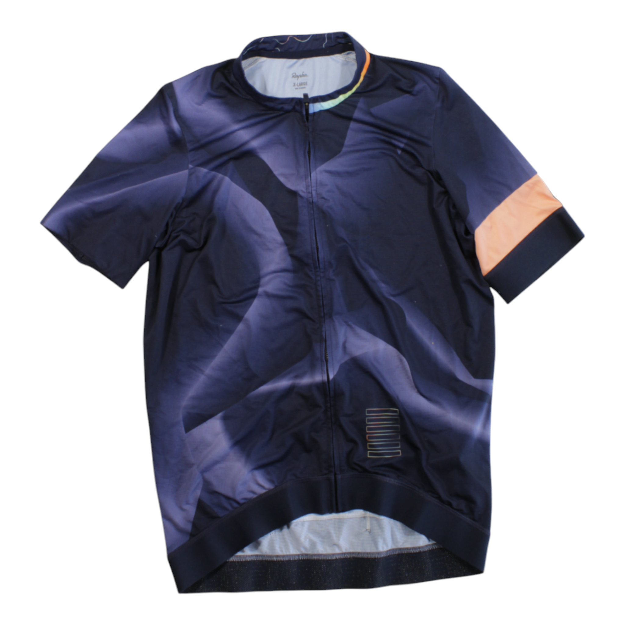 Rapha Pro Team training jersey, dark blue zip-front cycling top with orange sleeve panel