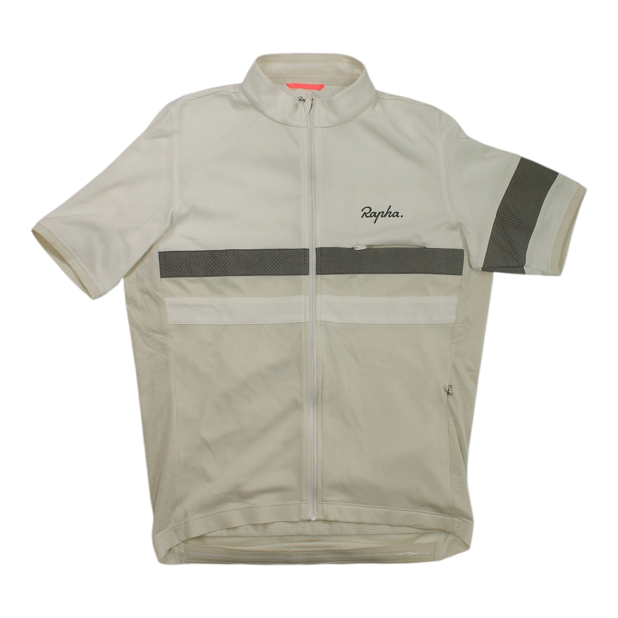 Light cream short-sleeve cycling jersey with full-zip front and gray reflective band detail.