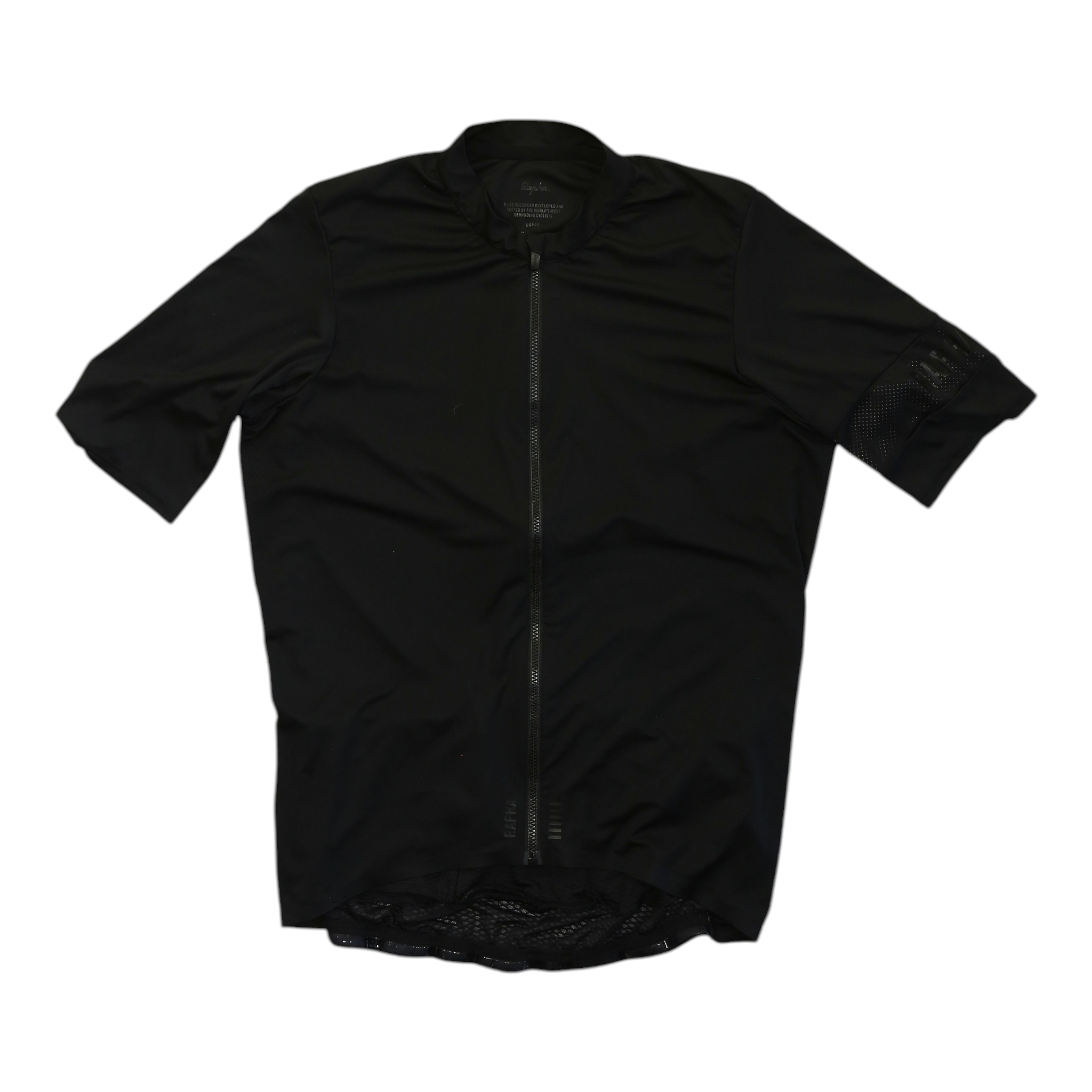 Men's black cycling jersey, full-zip front and short sleeves.