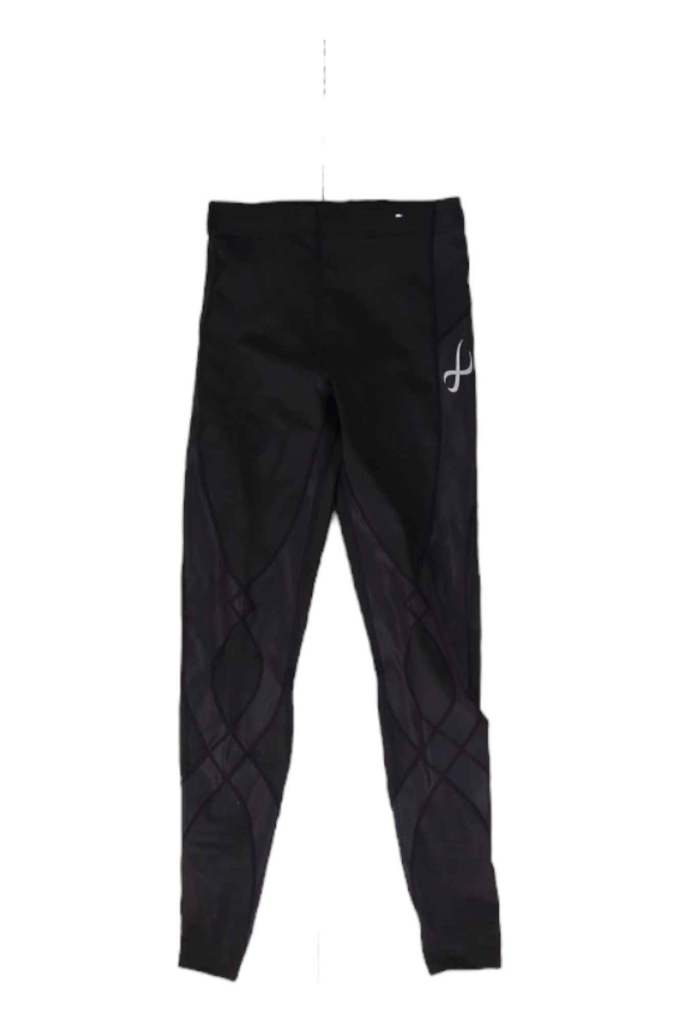 The CW-X Womens Stabilyx Joint Support Compression Tights are black with a subtle pattern and a small white logo on the left hip, designed for joint support, shown against a plain white background.