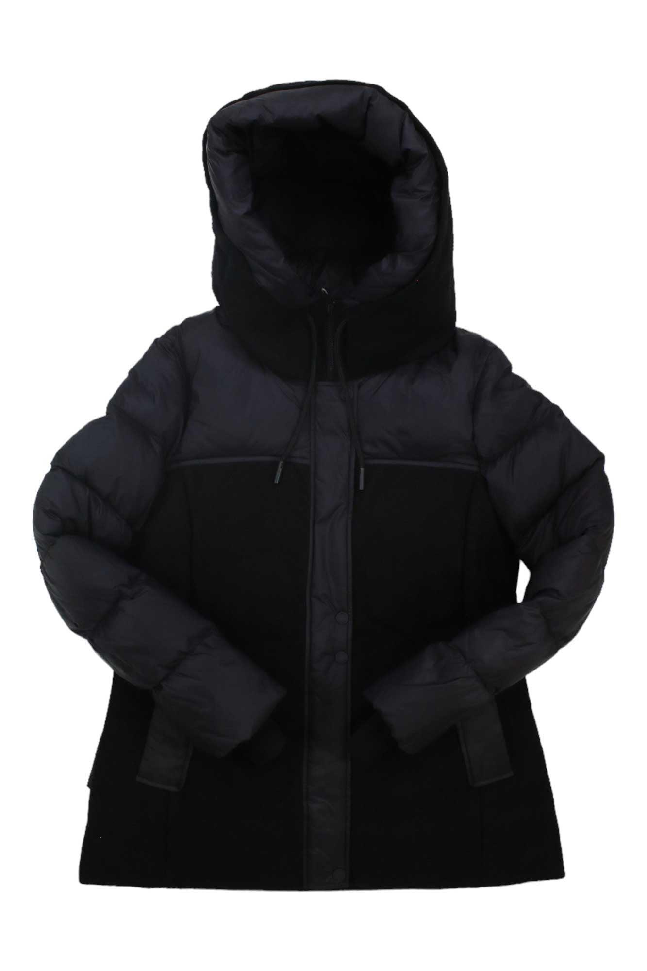 A Soia & Kyo Womens Mae black down-insulated jacket with a large hood, long sleeves, and full-length zipper, laid flat on a white background.