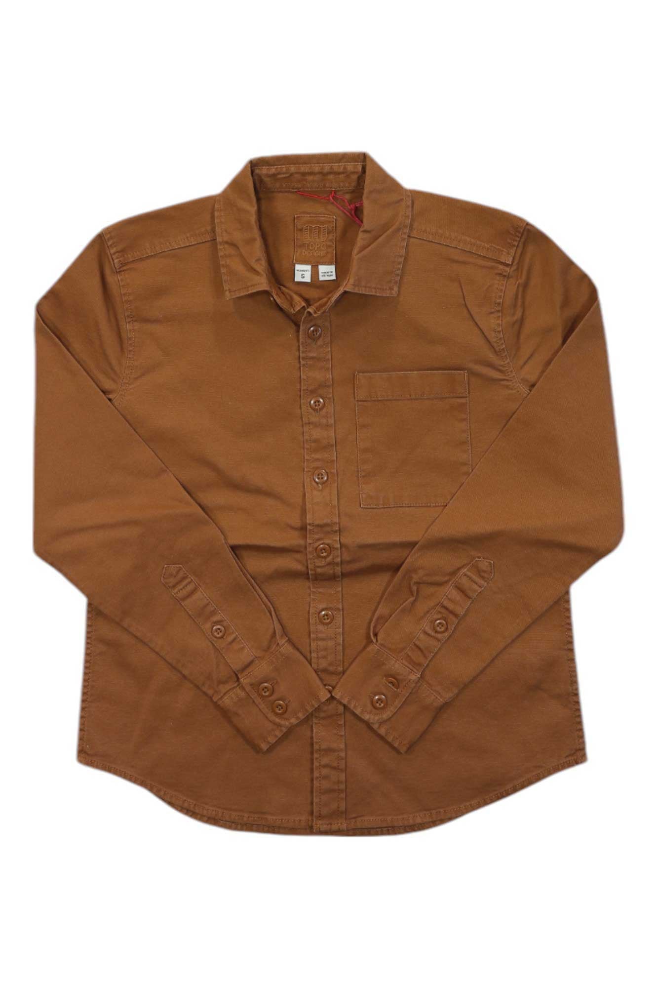 Women’s dirt shirt, brown long-sleeve button-up with chest pocket and collar