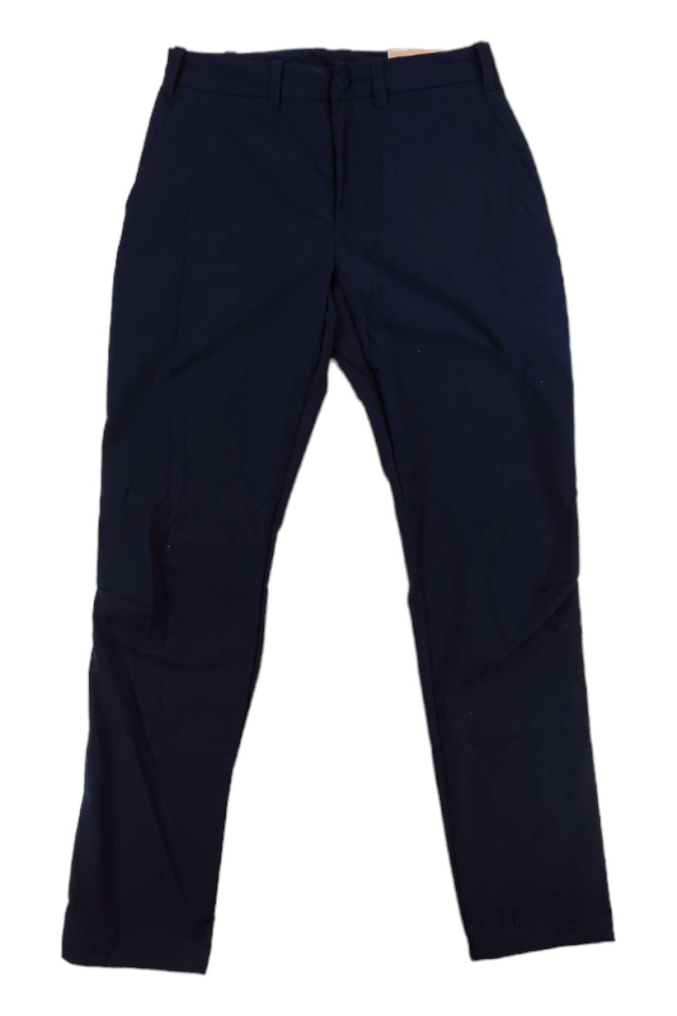 The Houdini Womens Omni Pant, made from stretch polyester in navy blue, is shown laid flat on a white background.