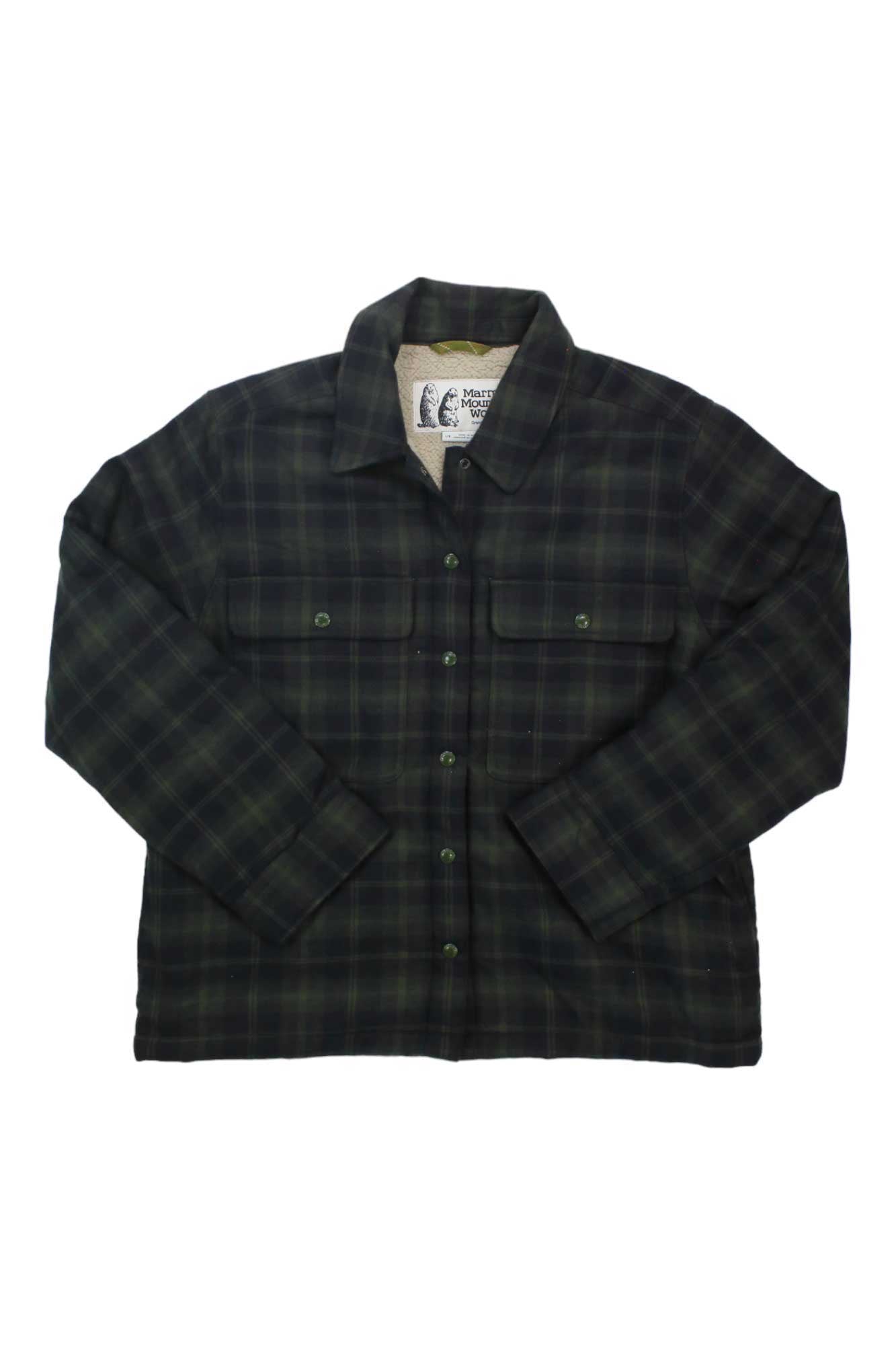 Dark green and black plaid Marmot Womens Ridgefield Heavyweight Sherpa-Lined Flannel Jacket with two chest pockets and a collar, laid flat on a white background.