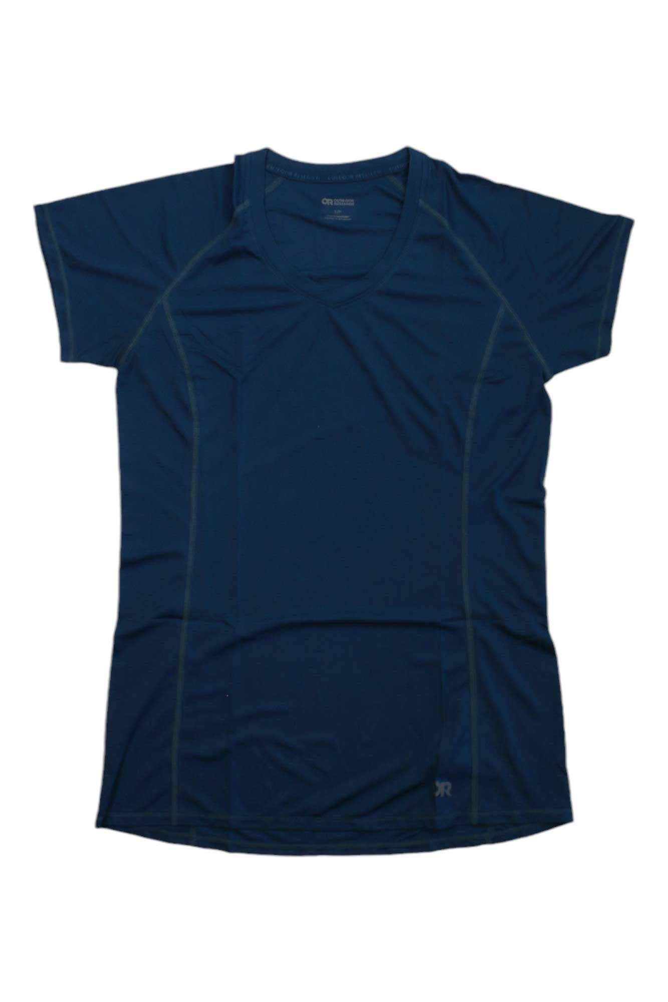 The Outdoor Research Womens Echo T-Shirt in navy blue is a short-sleeved, moisture-wicking active tee made from recycled polyester with a round neckline and subtle seam lines, shown laid flat on a white background.