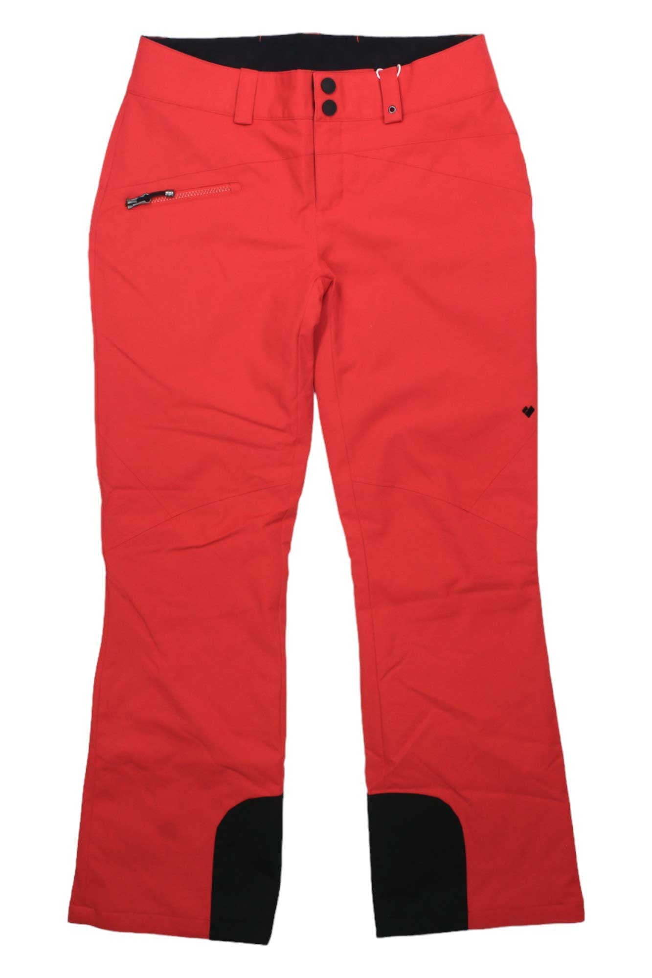 The Obermeyer Womens Malta Pant is insulated, waterproof, bright red with a fitted waist, front zipper, two buttons, left zippered pocket, and black reinforced cuffs. Shown laid flat on a white background.